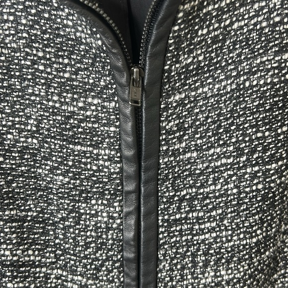 EILEEN FISHER Black White Tweed Zippered Leather Trim Jacket Size Petite Large - Picture 7 of 16